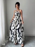 Rochie Lunga Esolira Alba cu Print Negru