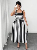 Rochie Midi Vindie Alba cu Dungi Negre  - Marimi Mari - imagine 3