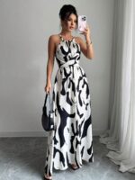 Rochie Lunga Esolira Alba cu Print Negru - imagine 2