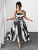 Rochie Midi Vindie Alba cu Dungi Negre  - Marimi Mari