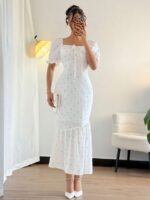 Rochie Midi Isma Alba cu Buline Negre