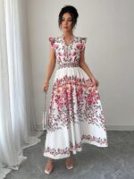 Rochie Lunga Adina Alba cu Print Floral Roz