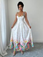Rochie Lunga Leiria Alba cu print Floral Multicolor