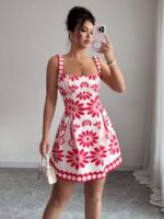 Rochie Scurta Cassia Alba cu Print Rosu