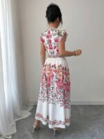 Rochie Lunga Adina Alba cu Print Floral Roz - imagine 2