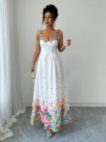 Rochie Lunga Leiria Alba cu print Floral Multicolor - imagine 3