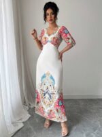 Rochie Lunga Zenya Alba cu Print Multicolor - imagine 3