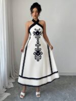 Rochie Lunga Miles Alba cu Print Negru