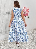 Rochie Lunga Calipso Alba cu Print Floral Albastru  - Marimi Mari - imagine 2