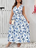 Rochie Lunga Calipso Alba cu Print Floral Albastru  - Marimi Mari