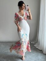 Rochie Lunga Zenya Alba cu Print Multicolor