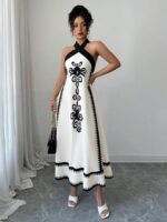 Rochie Lunga Miles Alba cu Print Negru - imagine 3