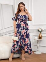 Rochie Lunga Olesia Bleumarin cu Print Floral Roz - Marimi Mari