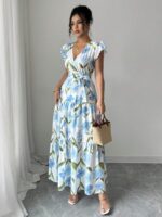 Rochie Lunga Deea Alba cu Print Bleu - imagine 3