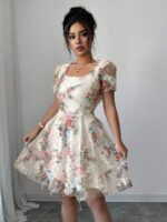 Rochie Scurta Amedee Crem cu Print Floral
