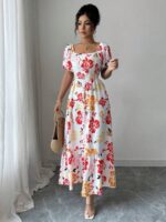 Rochie Lunga Mathia Alba cu Print Floral Rosu si Galben