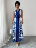 Rochie Lunga Livia Alba cu Print Albastru