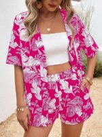 Compleu Arabel Roz cu Print Tropical Alb format din Bluza si Pantalon