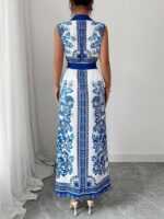 Rochie Lunga Livia Alba cu Print Albastru - imagine 2