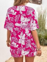 Compleu Arabel Roz cu Print Tropical Alb format din Bluza si Pantalon - imagine 2