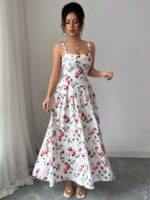 Rochie Lunga Sika Alba cu Print Rosu - imagine 3
