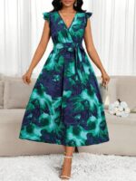 Rochie Midi Selma Bleumarin cu Print Turcoaz