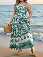 Rochie Lunga Misha Alba cu Print Verde  - Marimi Mari