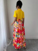 Rochie Lunga Alena Galbena cu Print Floral Rosu - imagine 2