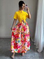 Rochie Lunga Alena Galbena cu Print Floral Rosu