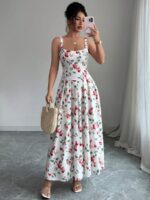 Rochie Lunga Sika Alba cu Print Rosu