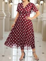 Rochie Midi Ella Grena cu Buline Albe - Marimi Mari - imagine 3