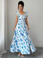 Rochie Lunga Ava Alba cu Print Albastru - imagine 3