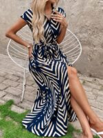 Rochie Lunga Gerdie Bleumarin cu Print Crem - imagine 3