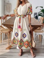 Rochie Lunga Petronela Crem cu Print Multicolor