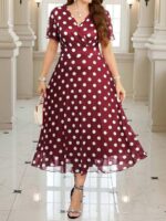 Rochie Midi Ella Grena cu Buline Albe - Marimi Mari