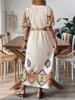 Rochie Lunga Petronela Crem cu Print Multicolor - imagine 2