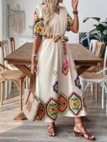 Rochie Lunga Petronela Crem cu Print Multicolor - imagine 3