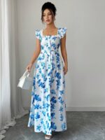 Rochie Lunga Ava Alba cu Print Albastru