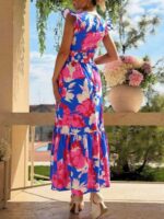 Rochie Lunga Alencia Albastra cu Print Floral Rosu si Alb - imagine 2