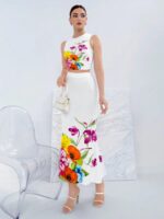 Compleu cu Fusta Giulia Alb cu Print Floral Multicolor - imagine 3