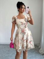 Rochie Scurta Amedee Crem cu Print Floral - imagine 3