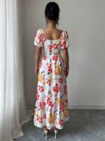 Rochie Lunga Mathia Alba cu Print Floral Rosu si Galben - imagine 2