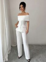 Compleu Bibiana Alb format din Top si Pantalon