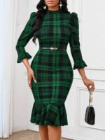 Rochie Midi Aniss Verde cu Patratele Negre