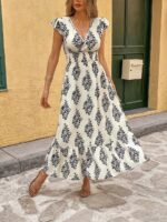 Rochie Lunga Adriene Crem cu Print Negru