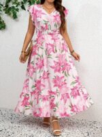 Rochie Lunga Violeta Alba cu Print Floral Roz - Marimi Mari