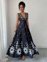 Rochie Lunga Jocel Neagra cu Print Alb - imagine 2