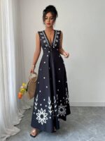 Rochie Lunga Jocel Neagra cu Print Alb