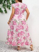 Rochie Lunga Violeta Alba cu Print Floral Roz - Marimi Mari - imagine 2