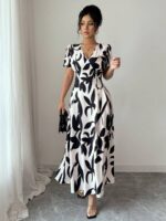 Rochie Lunga Damelia Crem cu Print Negru